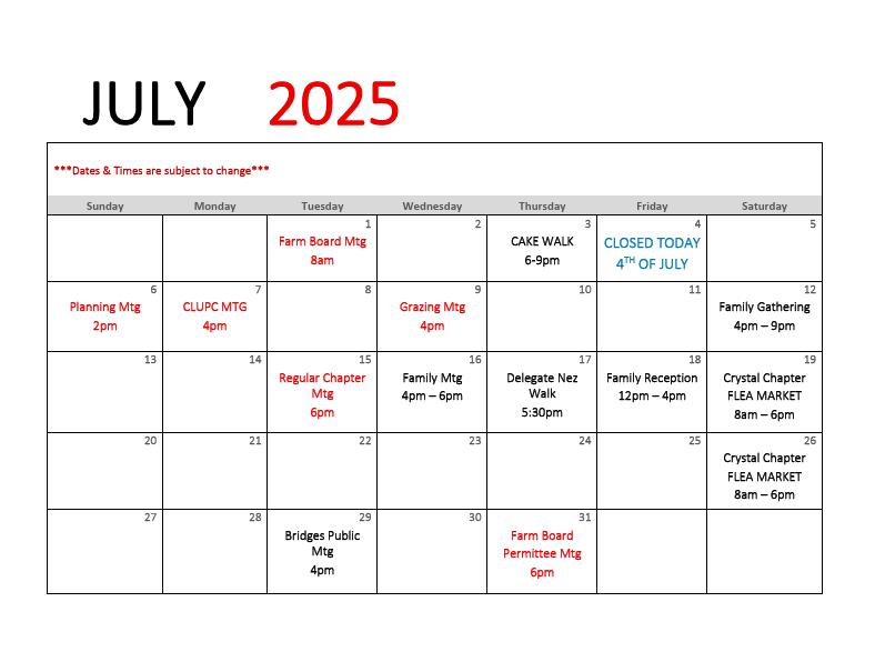 CC July 2025 Calendar